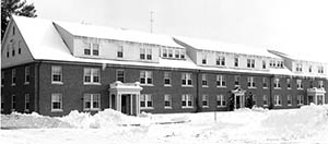 Engelhardt Hall covered in snow.