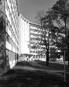 Stoke Hall with people entering and bikes in front, October 1965.