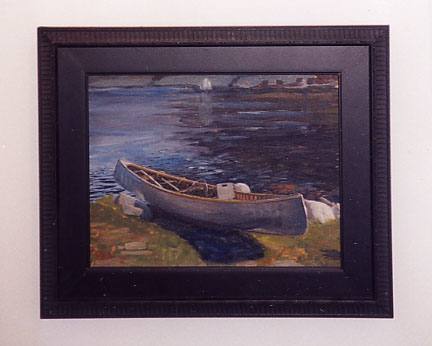 Painting of a canoe at the water's edge