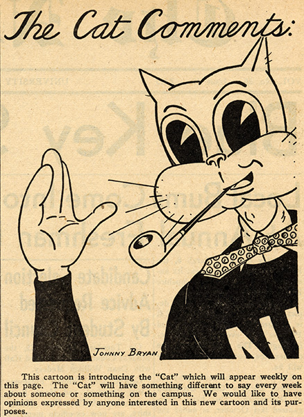 Cartoon cat with a pipe wears a bow tie and a school shirt