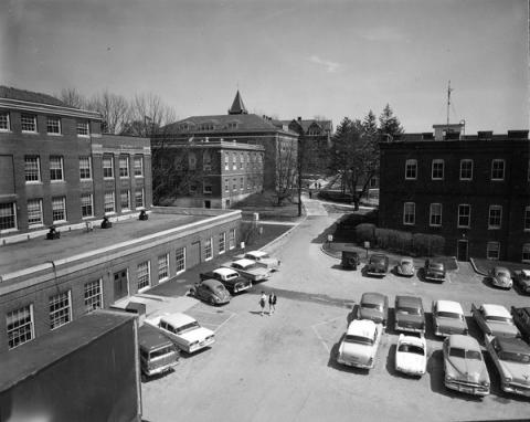 Cars parked on campus 1960s