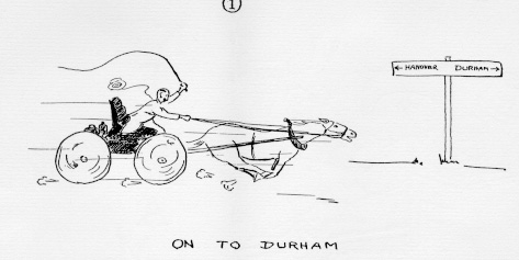 Drawing of Dean Charles Pettee driving a horse drawn coach away from Dartmouth, towards Durham