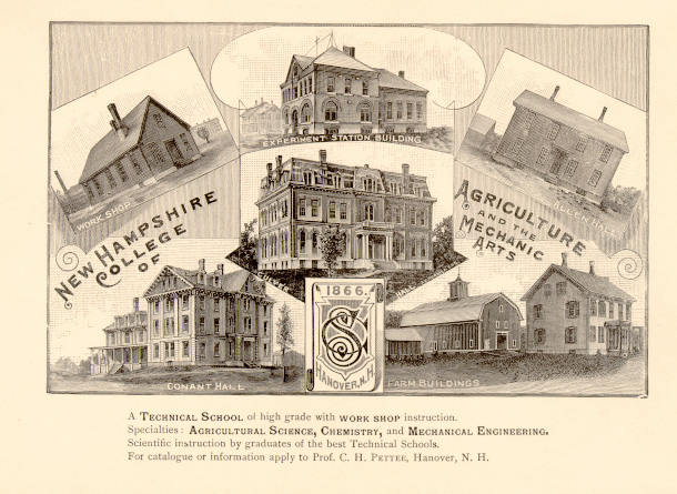 Poster showing campus buildings for New Hampshire College for Agriculture and the Mechanic Arts