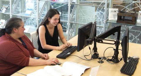 Library staff and student sitting in Physics library at a computer